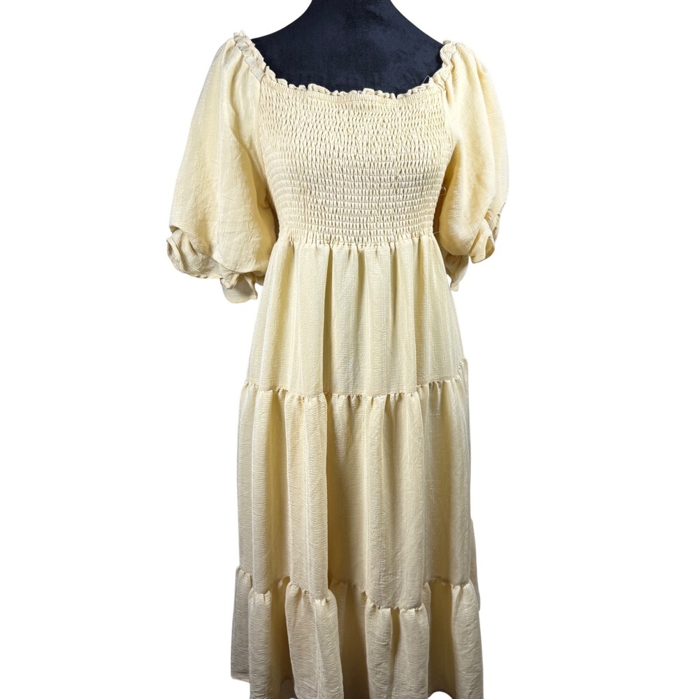&Merci Pale Yellow‎ Smocked Tiered Midi Dress Puff Sleeve Cottagecore Womens 1XL